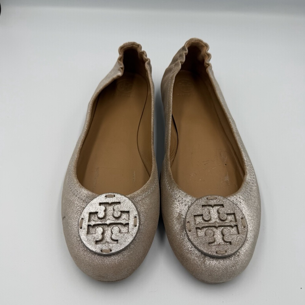 Tory Burch Minnie Travel Ballet Flats – Rose Gold Shimmer Suede – Size 10